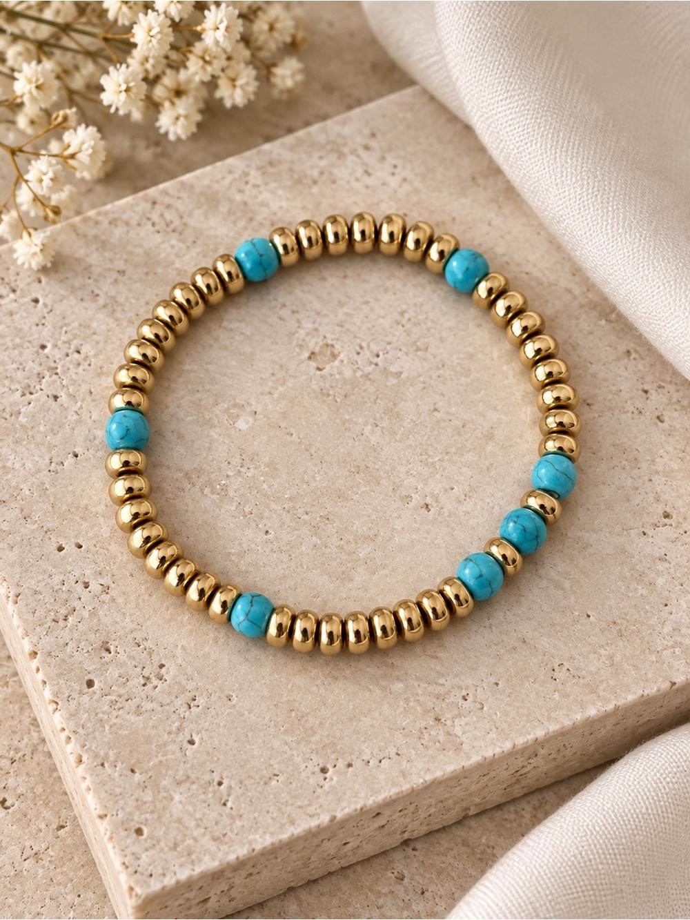Gold Beaded Stretch Bracelet with Turquoise Accent - Women Jewelry